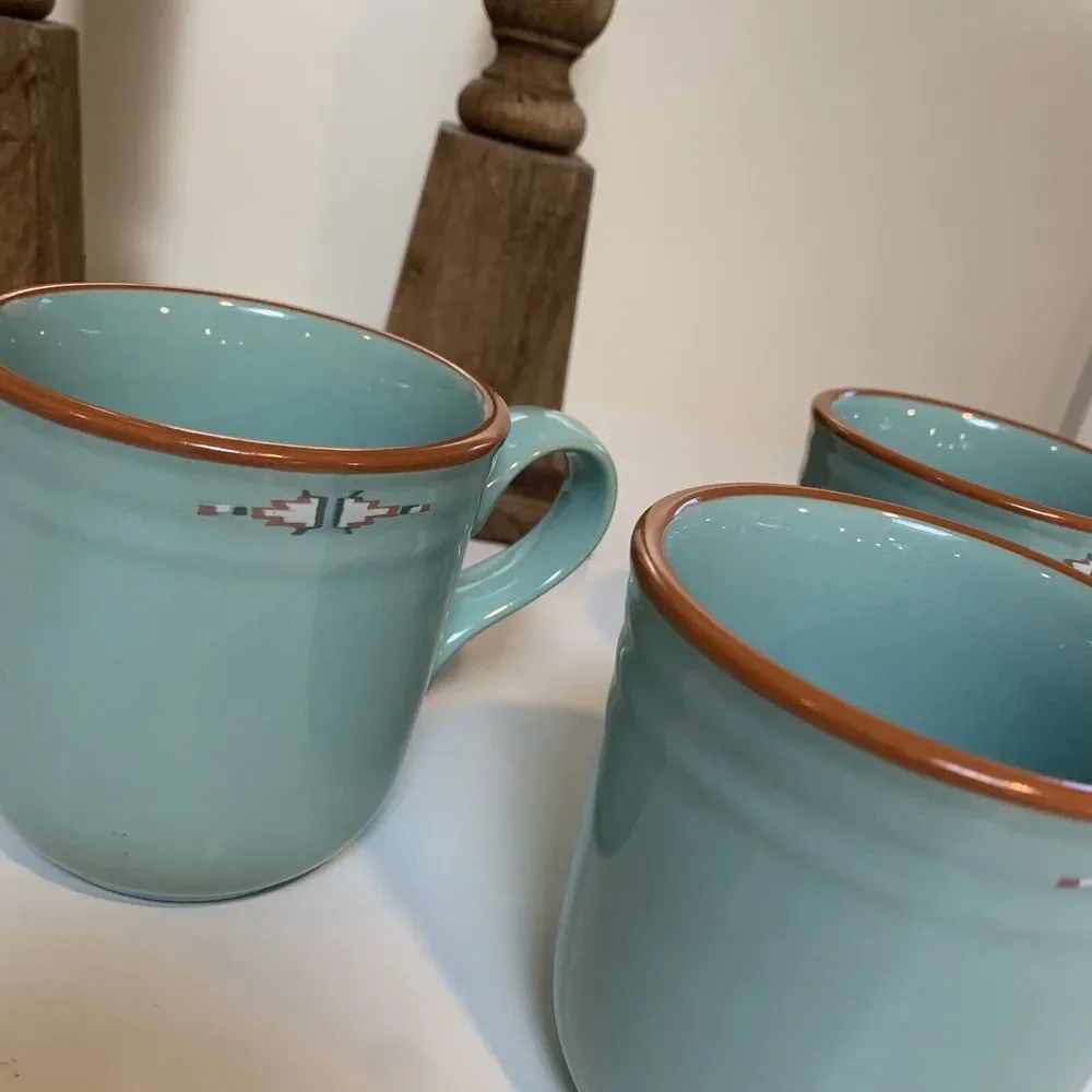 Vintage coffee mugs Southwestern Noritake Stoneware Boulder Ridge 3 Aqua Aztec - Picture 12 of 15